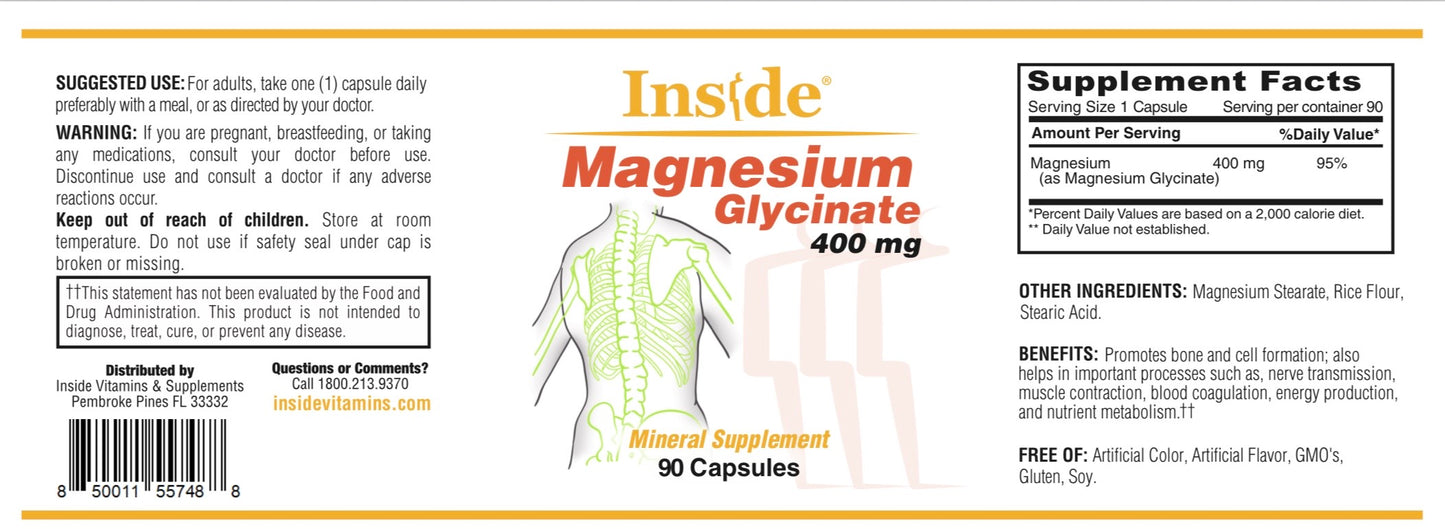 Supplement label for Magnesium Glycinate 400 mg with a depiction of a human body on a white background.