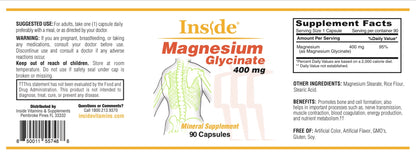 Supplement label for Magnesium Glycinate 400 mg with a depiction of a human body on a white background.
