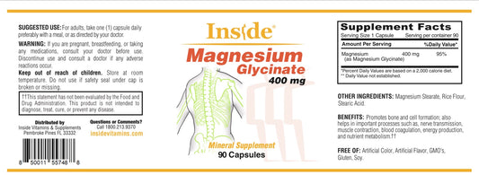 Supplement label for Magnesium Glycinate 400 mg with a depiction of a human body on a white background.