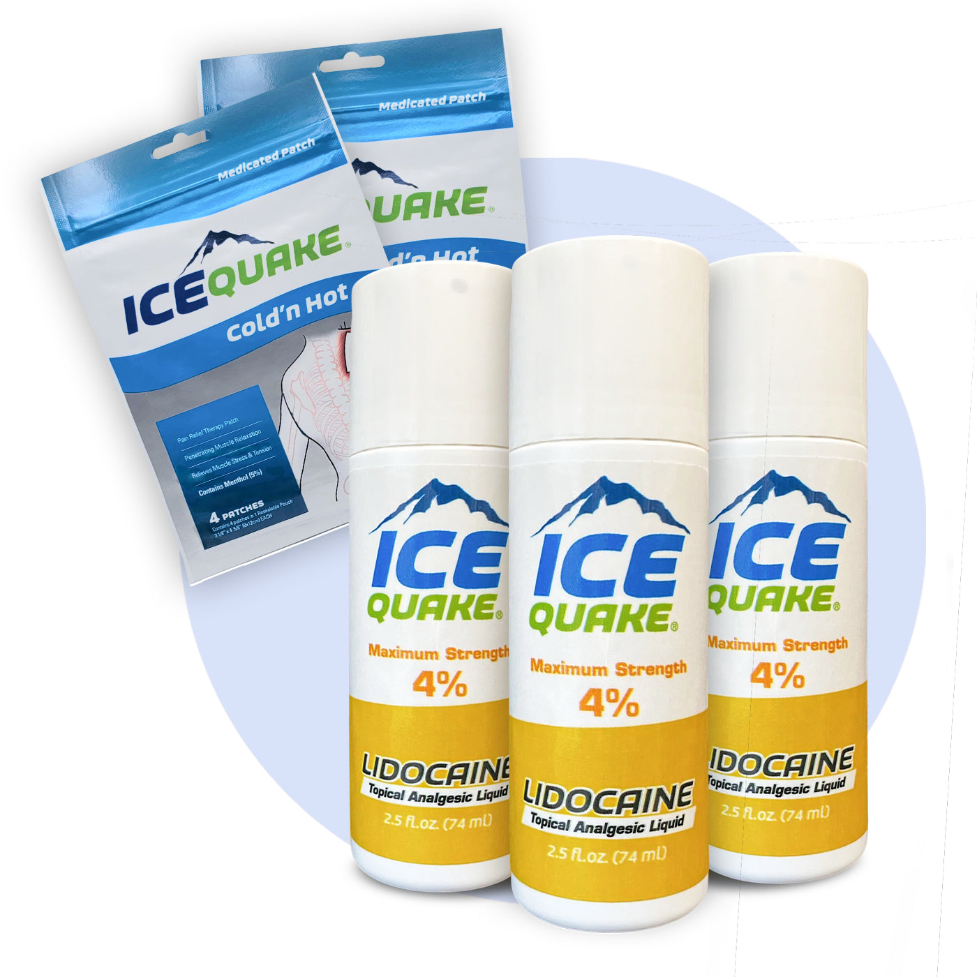 INCREDIBLE DISCOUNT - 40% OFF! 3 Pack IceQuake Lidocaine Roll On + 2 Free IceQuake Patches ($7.84 value) While supplies last.